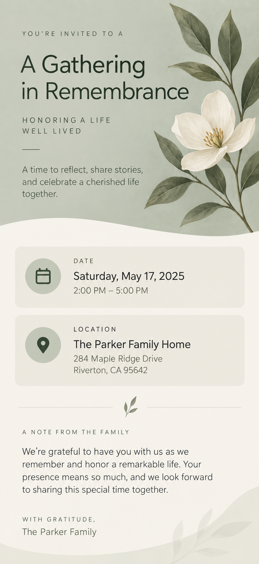 Mobile details view for a memorial gathering, without RSVP.