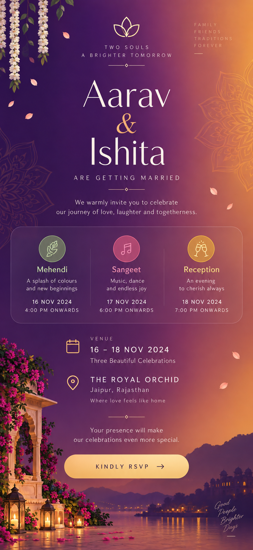 Mobile guest invitation view for a multi-function wedding.